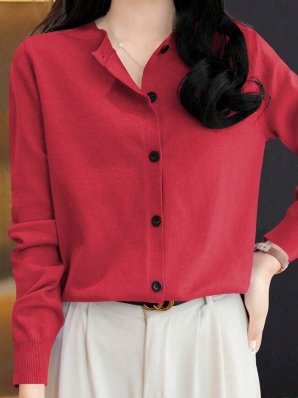 Red Button-Front Cardigan - Picture 3 of 6